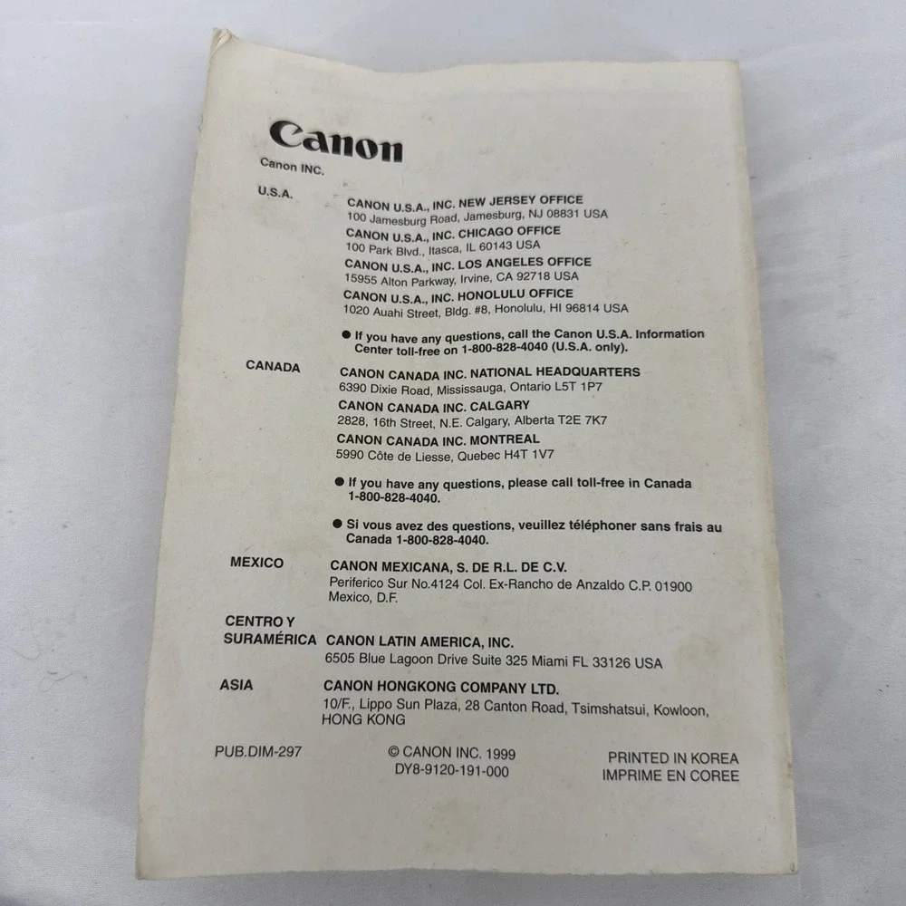 Canon ES190/ES29. 8mm Video Camcorder Instruction Manual, English French Spanish